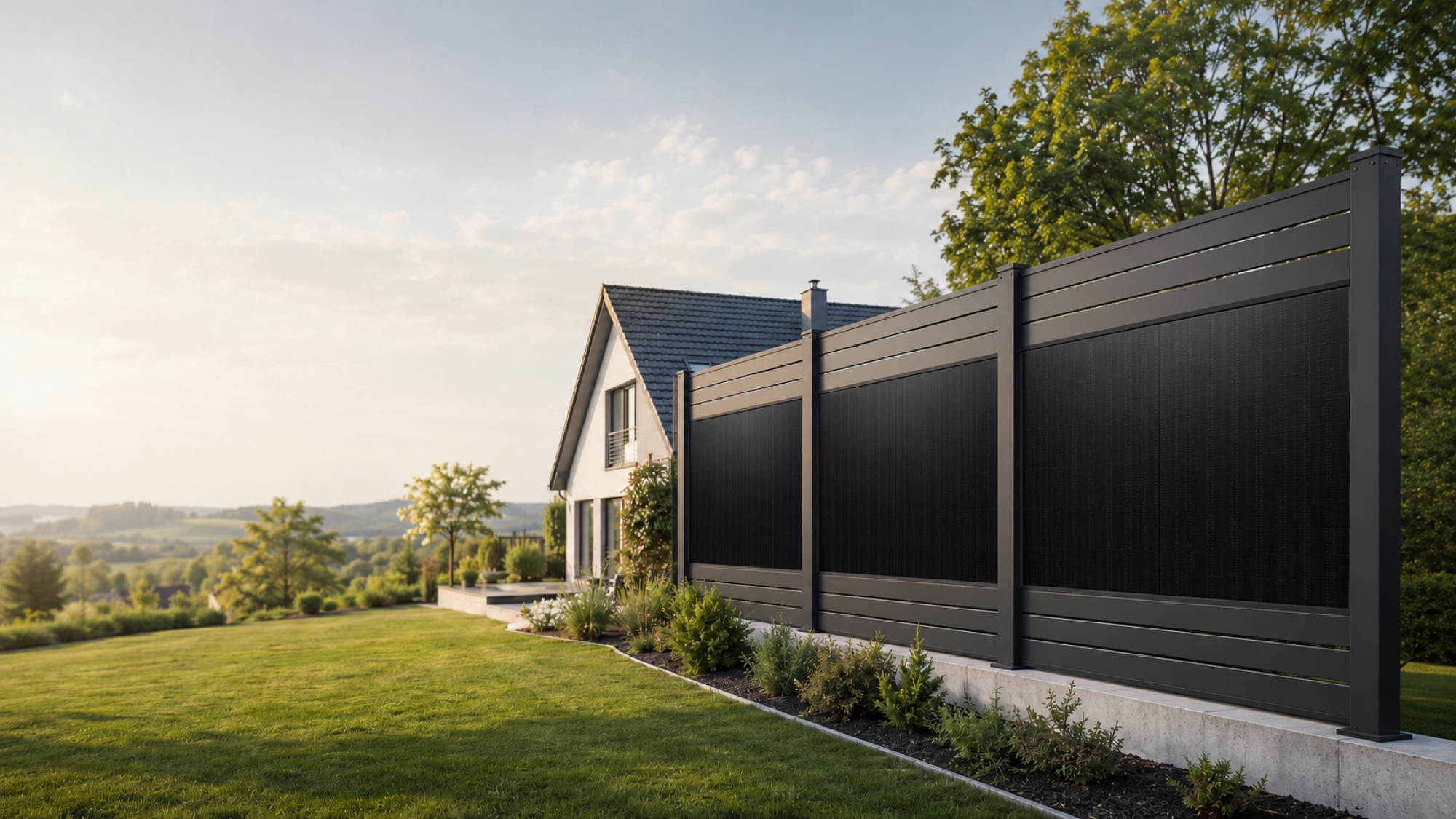 Anthrazit-Solarzaun mit PV-Modulen im Garten eines Einfamilienhauses – Sichtschutz und Photovoltaik in einem